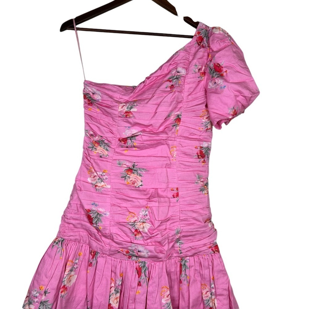 LoveShackFancy Pink Floral One Shoulder Ruched Mini Dress SZ 4 Puff Sleeve - Picture 7 of 8